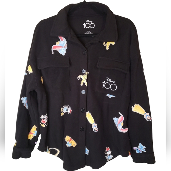 Disney 100 Years Celebration Print Juniors Black Shacket Button Down Size L - Picture 1 of 6